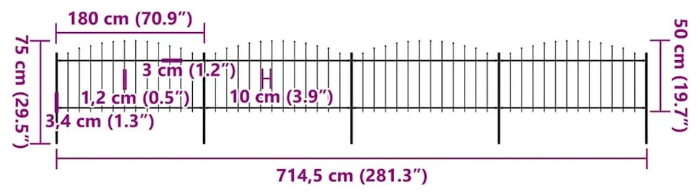 vidaXL Φράχτης Κήπου με Κορυφή Δόρυ από Ατσάλι 714,5x75 εκ. Μαύρος
