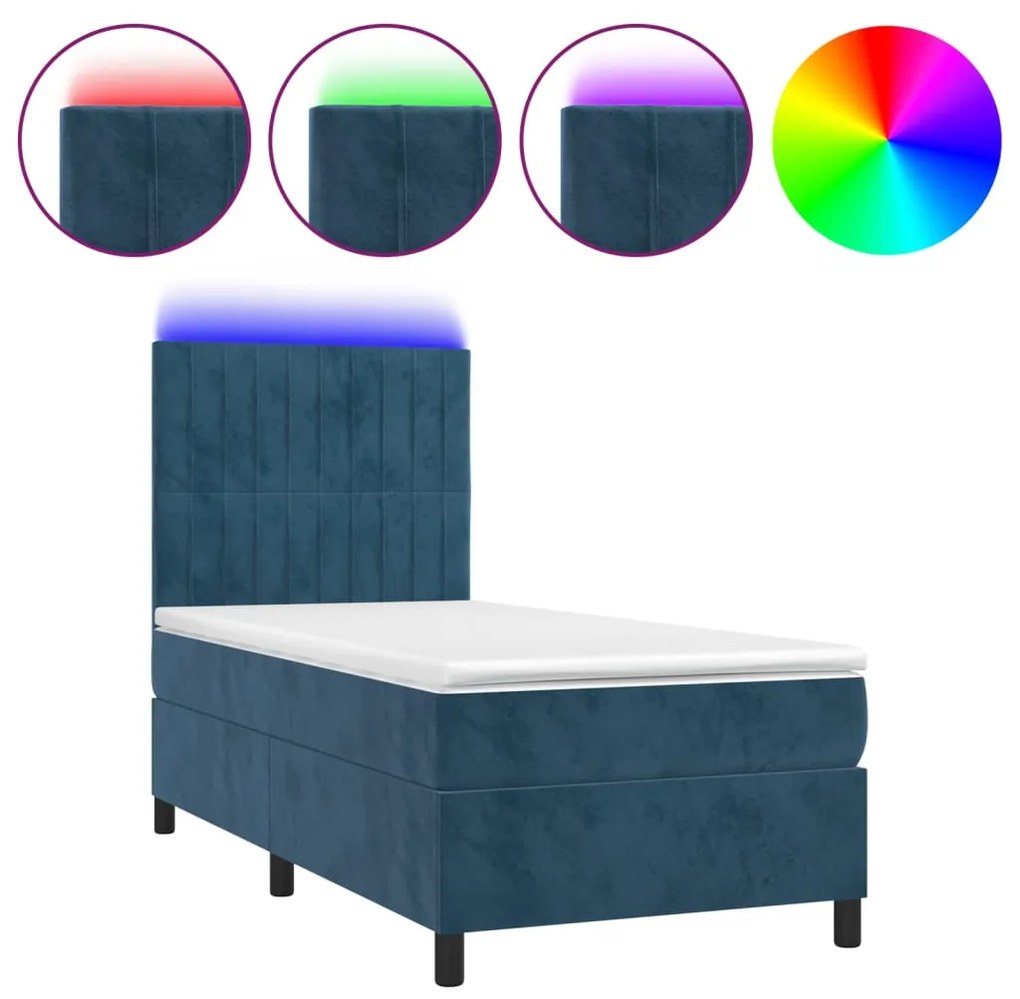 vidaXL Κρεβάτι Boxspring με Στρώμα & LED Σκ. Μπλε 90x190 εκ. Βελούδινο