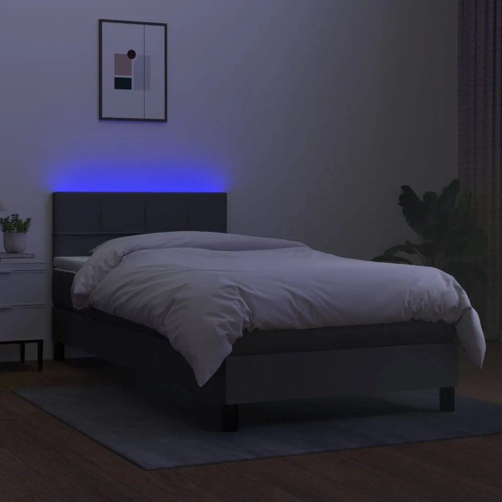 vidaXL Κρεβάτι Boxspring με Στρώμα & LED Σκ.Γκρι 90x190 εκ. Υφασμάτινο