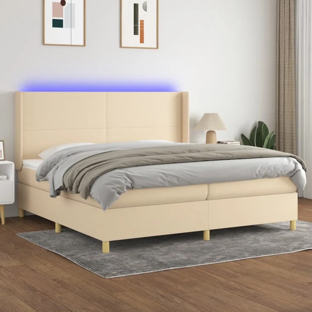 Κρεβάτι Boxspring με Στρώμα &amp; LED Κρεμ 200x200 εκ. Υφασμάτινο