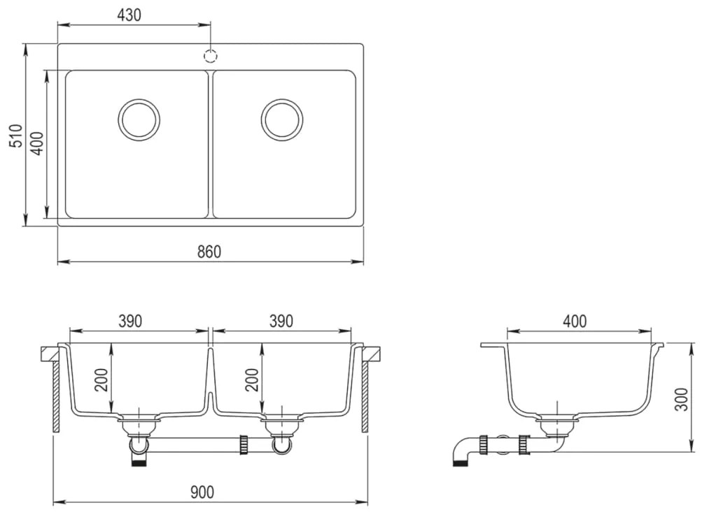 Νεροχύτης Ένθετος με Διπλή Γούρνα Γκρι Γρανιτένιος