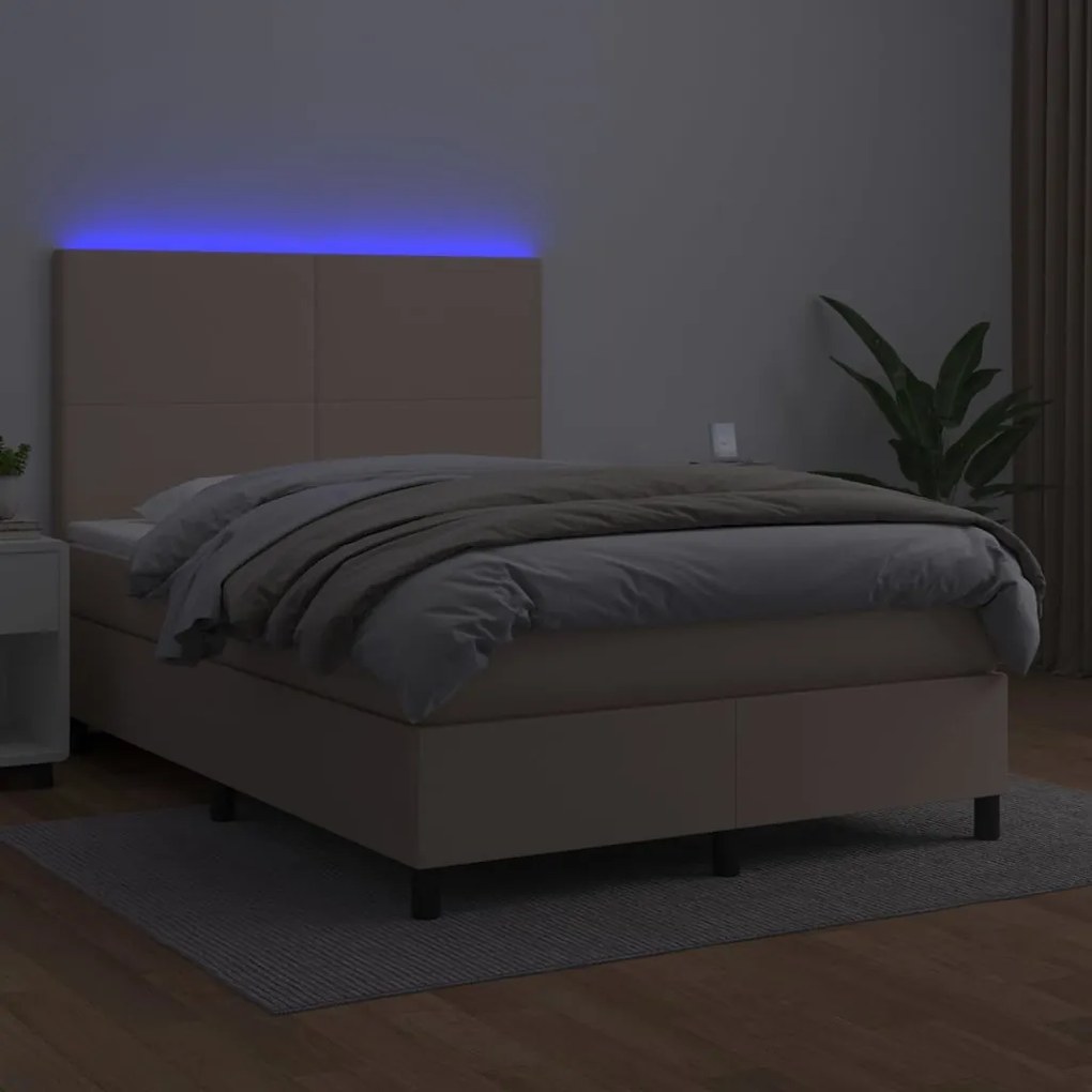 Κρεβάτι Boxspring Στρώμα&amp;LED Καπουτσίνο 140x200 εκ. Συνθ. Δέρμα - Καφέ