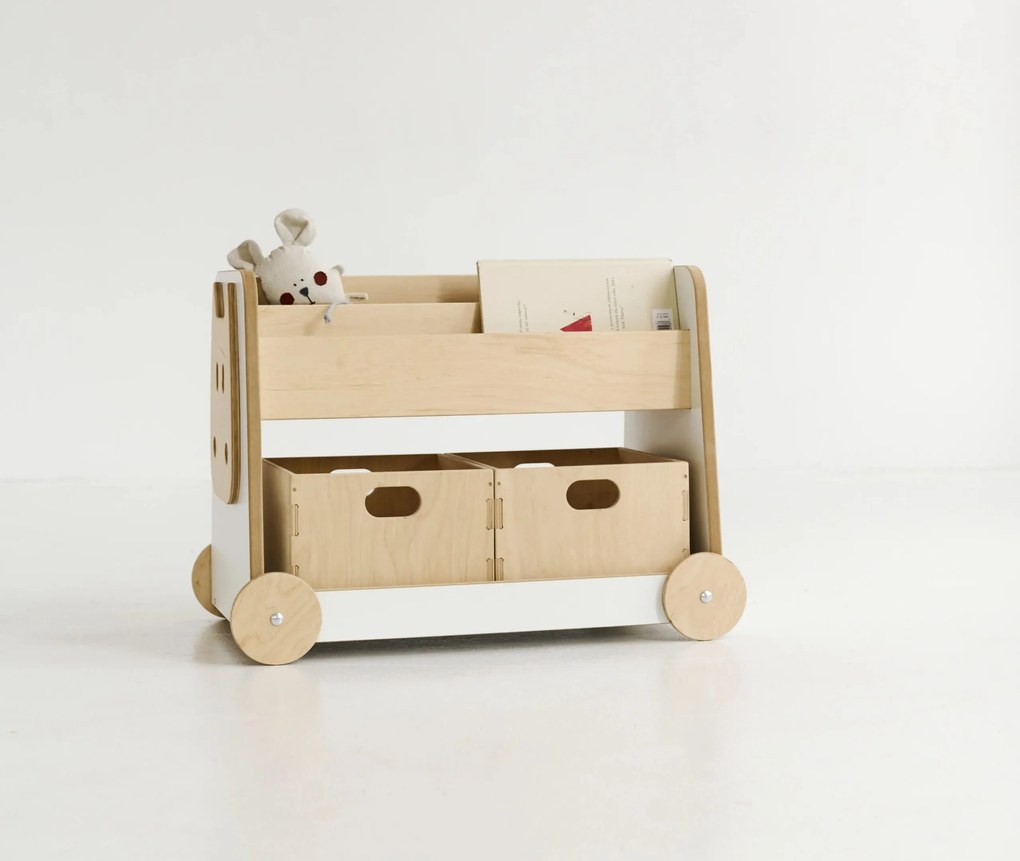 Ξύλινη Βιβλιοθήκη Montessori Τροχήλατη White + Natural  BabyWood