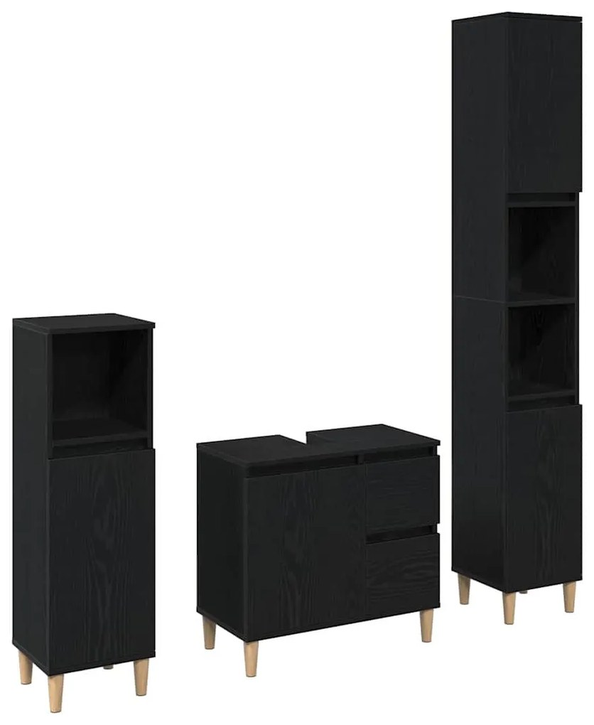 vidaXL Σετ Επίπλων Μπάνιου με συρτάρι 3 pcs Μαύρο 30 x 30 x 180 cm