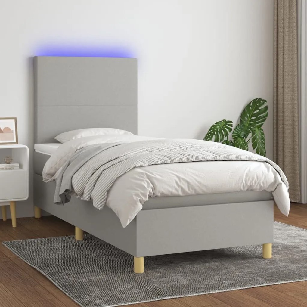 Κρεβάτι Boxspring με Στρώμα &amp; LED Αν.Γκρι 100x200εκ. Υφασμάτινο - Γκρι