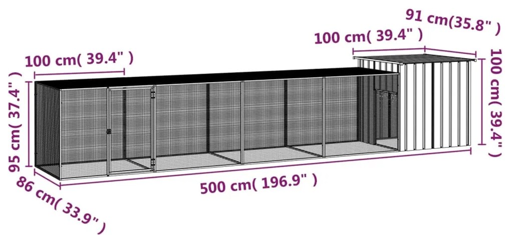 vidaXL Κοτέτσι - Κλουβί Γκρι 500x91x100 εκ. από Γαλβανισμένο Χάλυβα