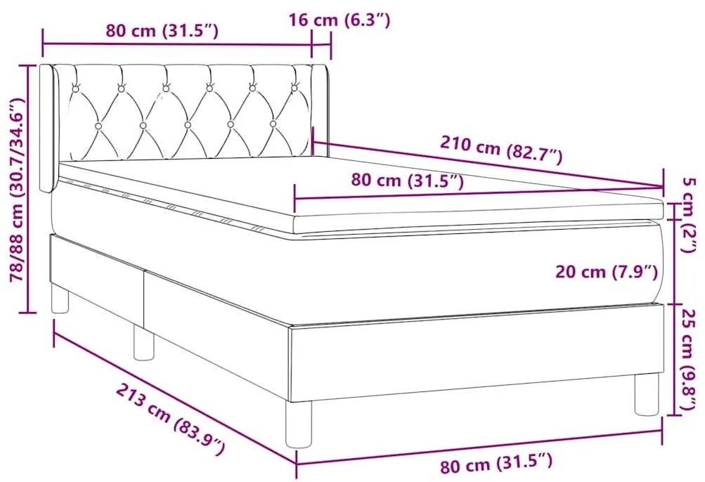 Κρεβάτι Boxspring με Στρώμα Ανοιχτό Γκρι 80x210 εκ. Βελούδινο - Γκρι