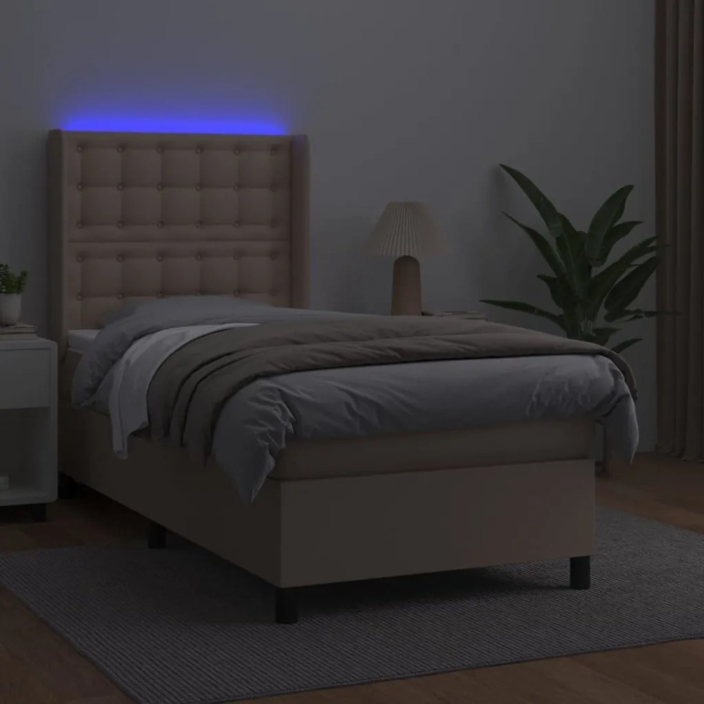 Κρεβάτι Boxspring Στρώμα&amp;LED Καπουτσίνο 80x200 εκ. Συνθ. Δέρμα - Καφέ