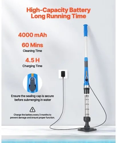 VEVOR Pool Vacuum 8.5 GPM Rechargeable Pool Cleaner Max. 1H with Extension Pole