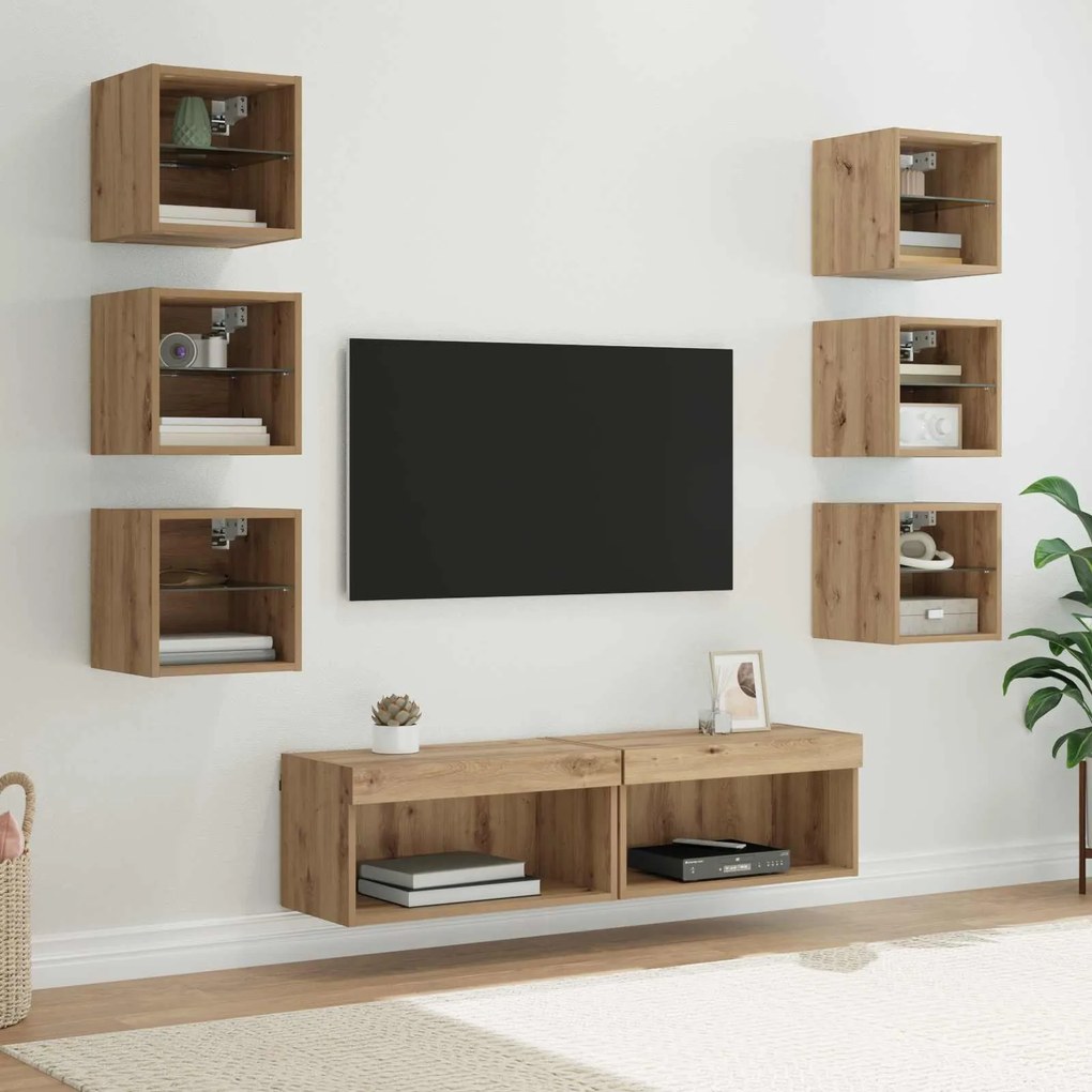 vidaXL Ντουλάπι TV με φώτα λωρίδας LED 8 pcs Artisan Oak Γυαλί