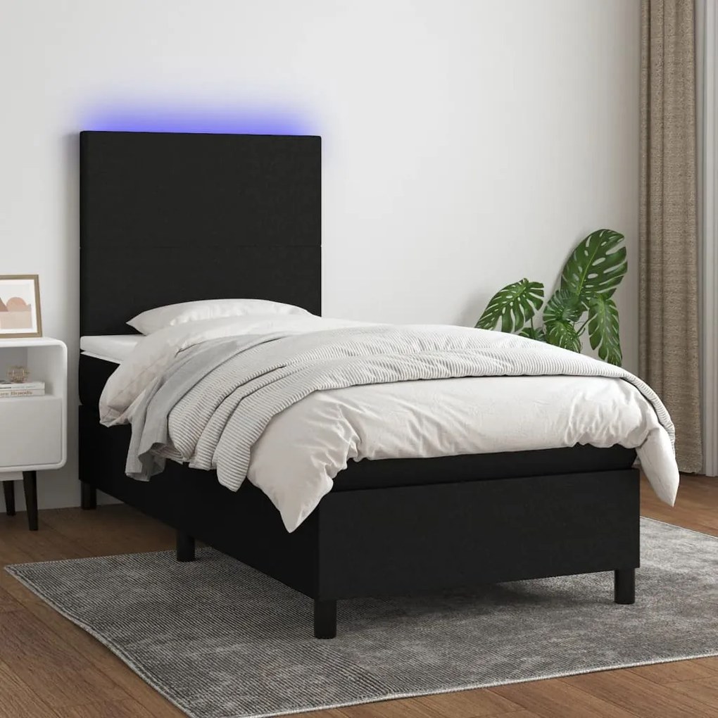 Κρεβάτι Boxspring με Στρώμα &amp; LED Μαύρο 90x200 εκ. Υφασμάτινο - Μαύρο