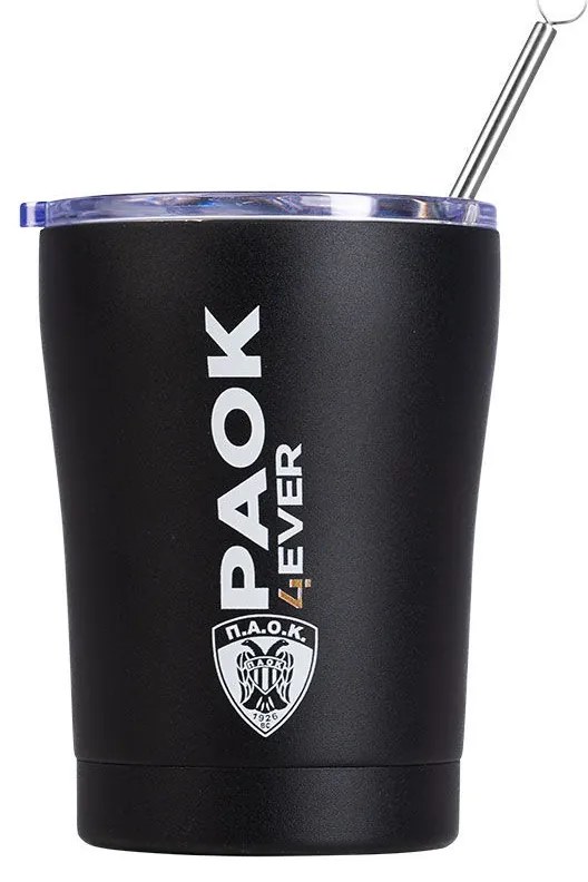 Estia 00-13790 Coffee Mug PAOK B.C. Ποτήρι Θερμός με Καλαμάκι 350ml, Μαύρο