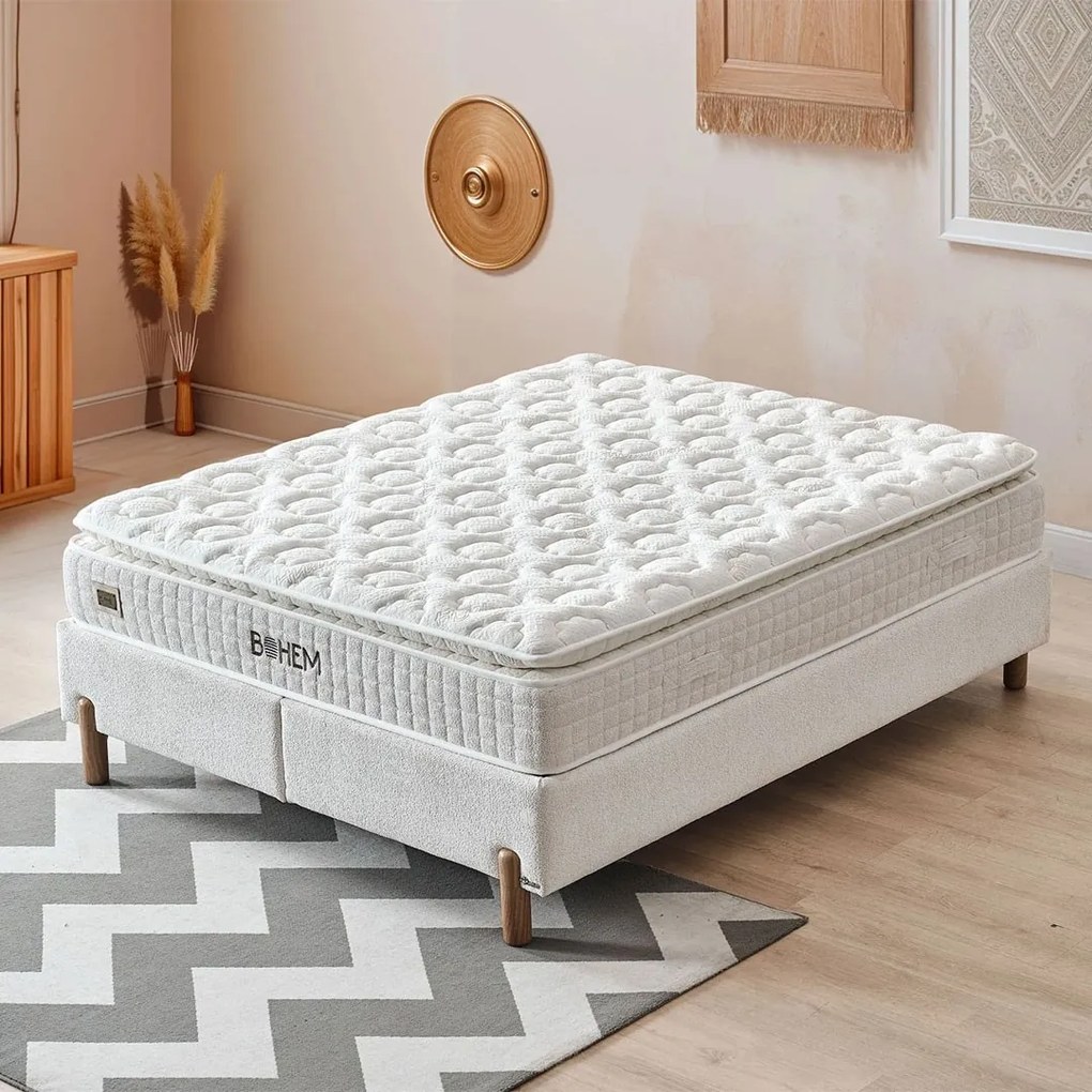 Επενδυμένο Κρεβάτι BOHEM Διπλό με Αποθηκευτικό χώρο και Ανατομικό Στρώμα Μπέζ 160x200εκ. 160x200x123 εκ.