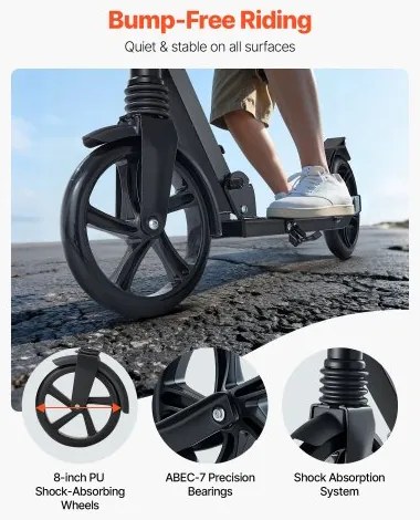 VEVOR Kick Scooter for Kids Ages 8+, Teens &amp; Adults, 2-Wheel Toddler Scooter with Adjustable Height Handlebar, Wide Anti-Slip Deck, Foldable Lightweight Frame for Boys &amp; Girls up to 99.8 kg, Black