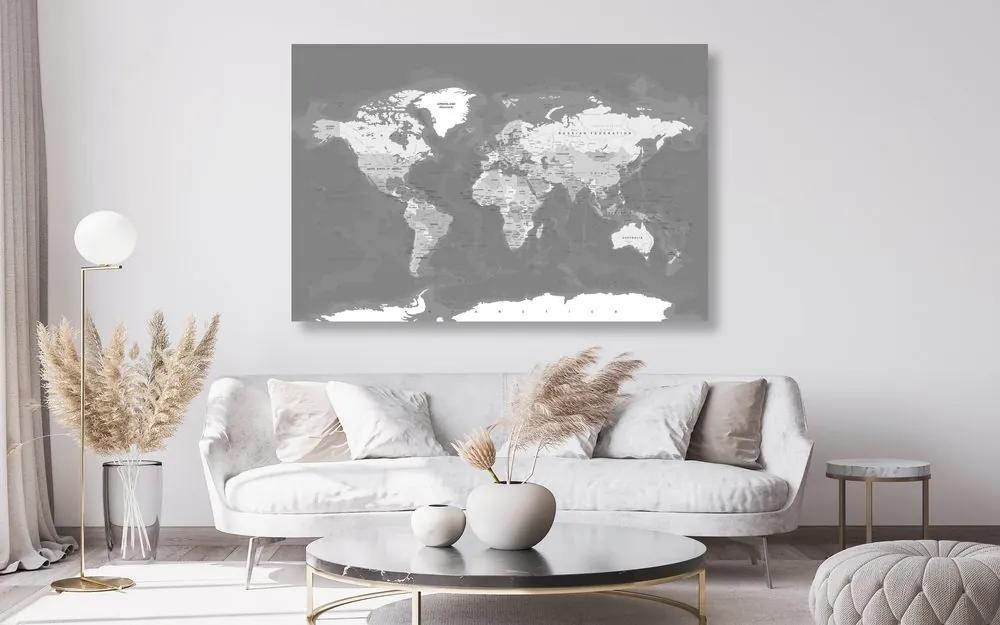 Εικόνα στο φελλό με κομψό vintage ασπρόμαυρο παγκόσμιο χάρτη - 90x60  flags
