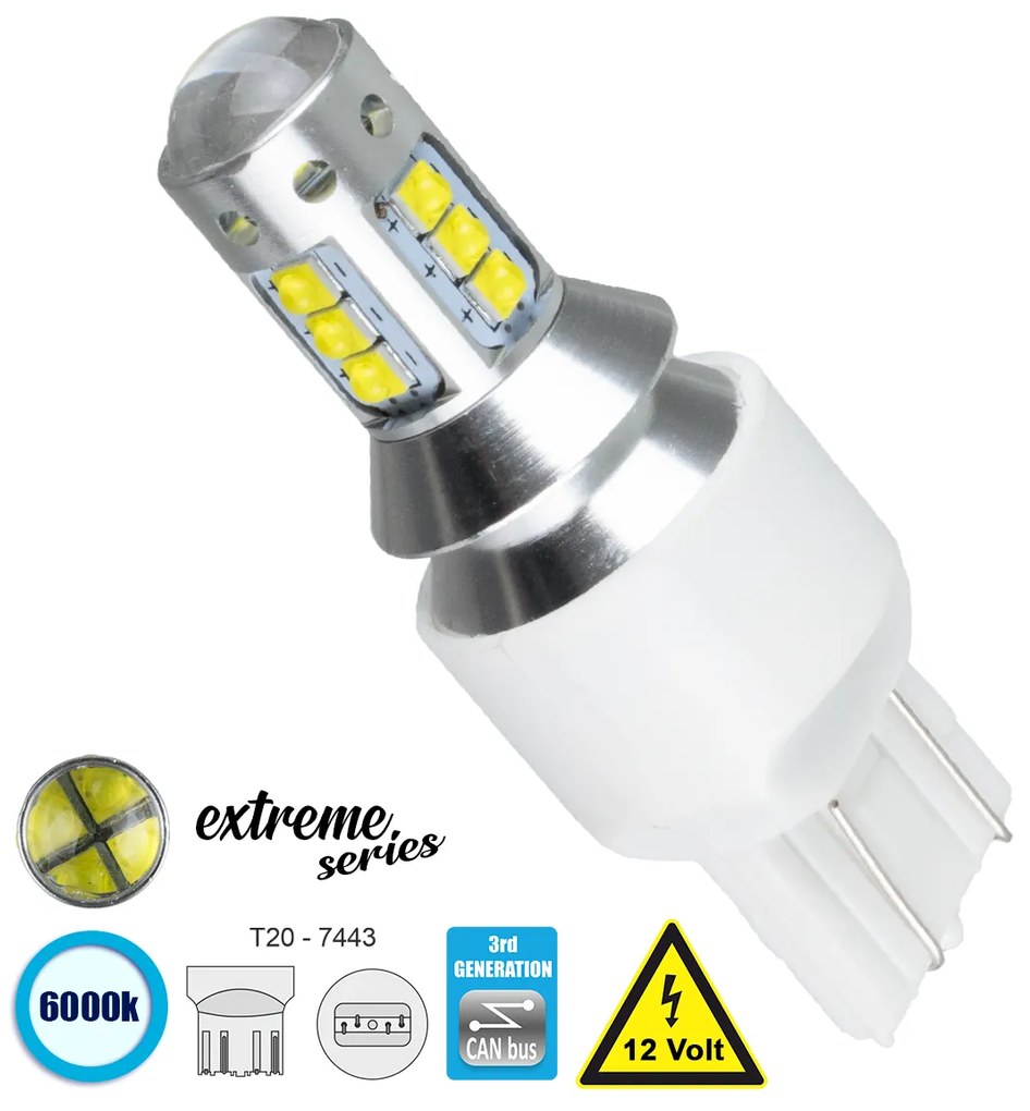 GloboStar® 81166 Λάμπα Αυτοκίνητου T20 - 7443 - W21/5W 3rd Generation Can-Bus Extreme Series LED 16 CREE XBD 15W 2115lm 360° DC 12V IP20 Ψυχρό Λευκό 6000K