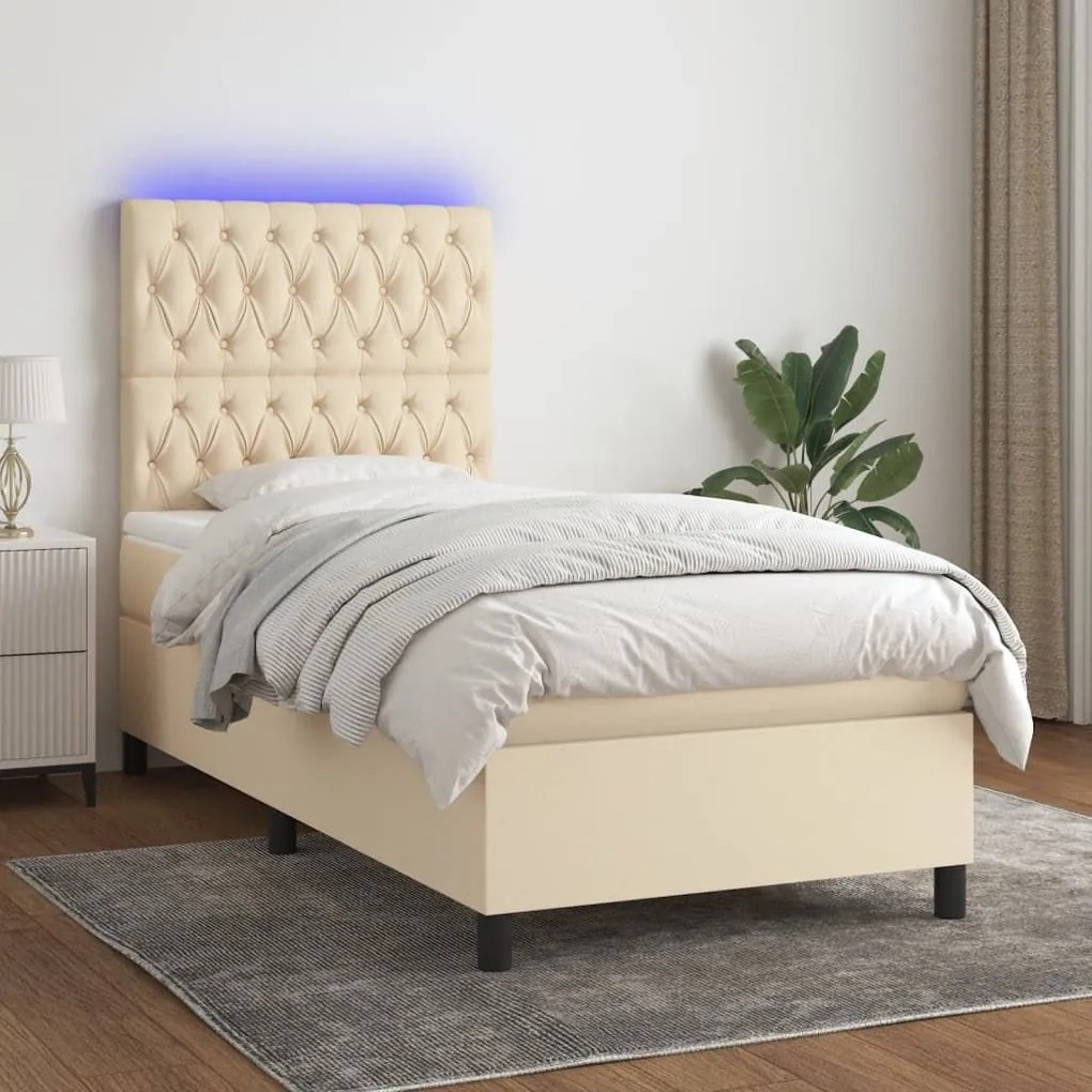 ΚΡΕΒΑΤΙ BOXSPRING ΜΕ ΣΤΡΩΜΑ &amp; LED ΚΡΕΜ 90X190 ΕΚ. ΥΦΑΣΜΑΤΙΝΟ 3135082