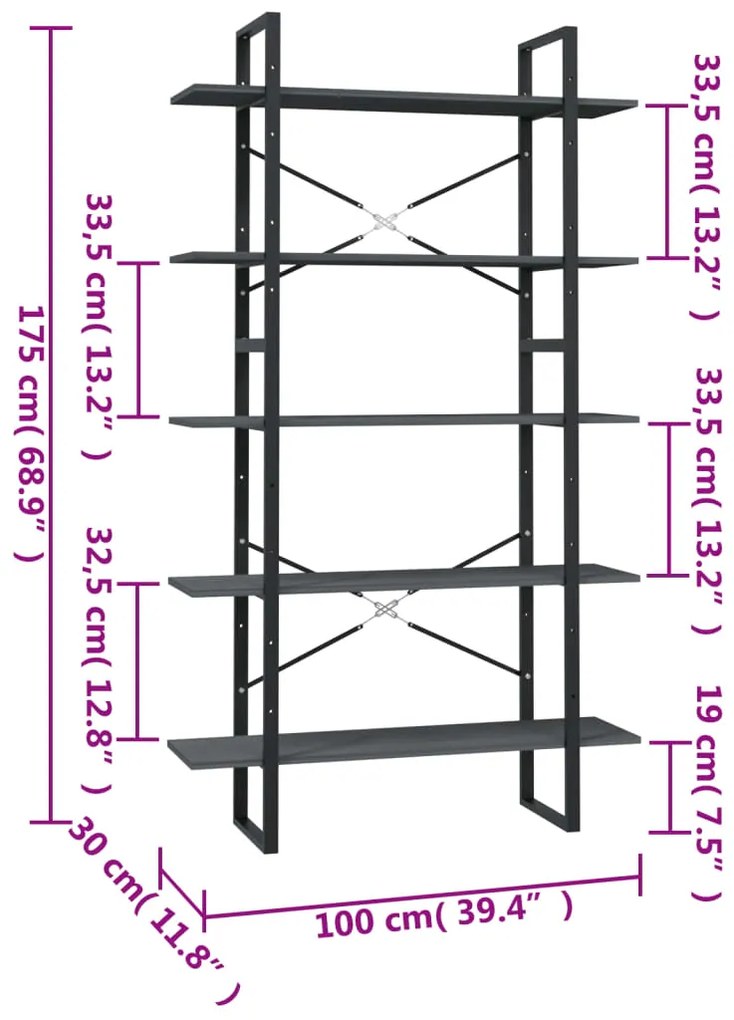 vidaXL Βιβλιοθήκη με 5 Ράφια Γκρι 100 x 30 x 175 εκ από Ξύλο Πεύκου