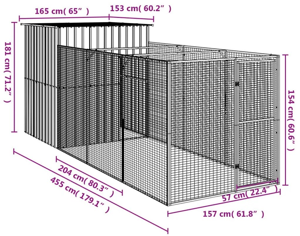 Σπιτάκι Σκύλου με Αυλή Ανθρακί 165x455x181 εκ. Γαλβαν. Χάλυβας - Ανθρακί