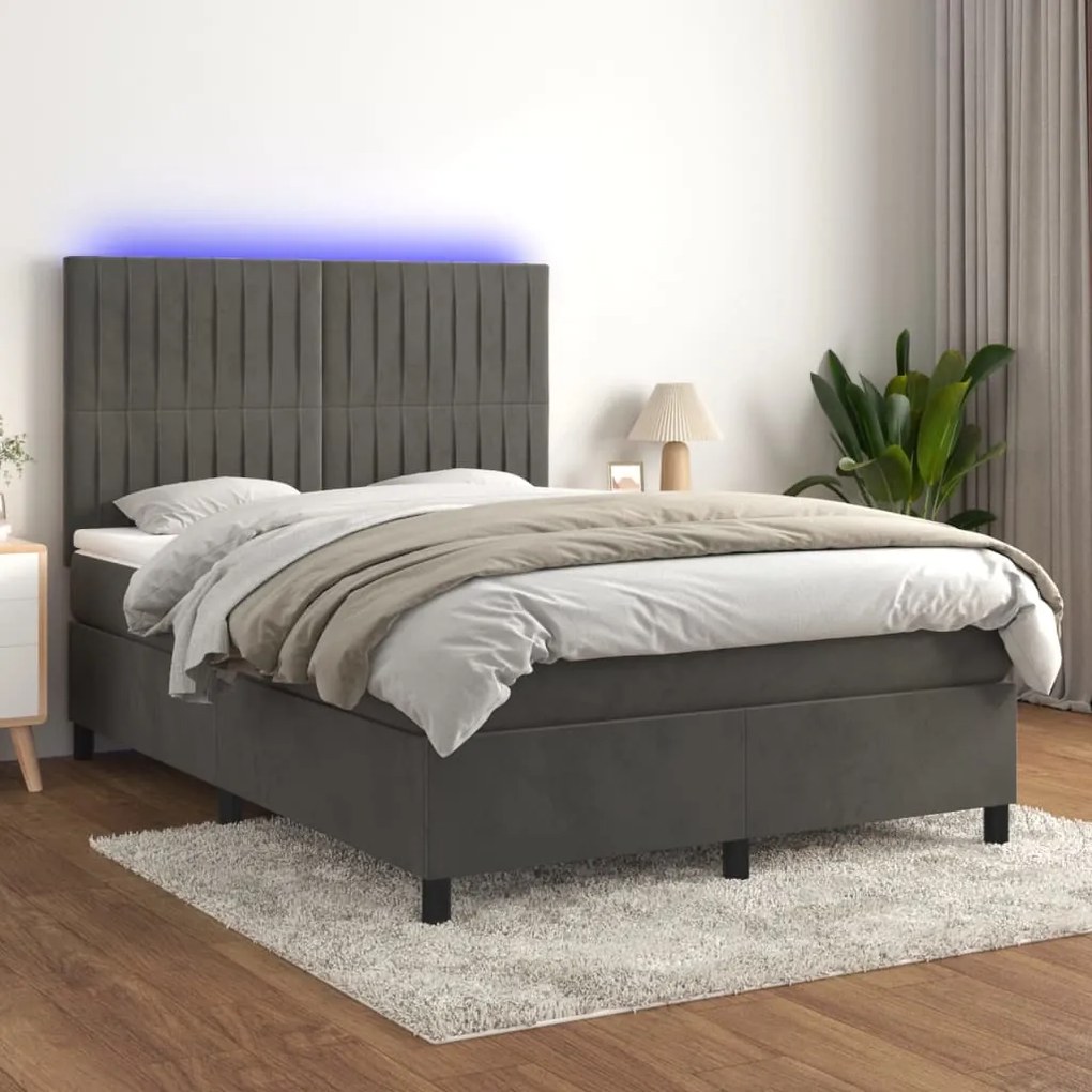 vidaXL Κρεβάτι Boxspring με Στρώμα & LED Σκ. Γκρι 140x190εκ. Βελούδινο