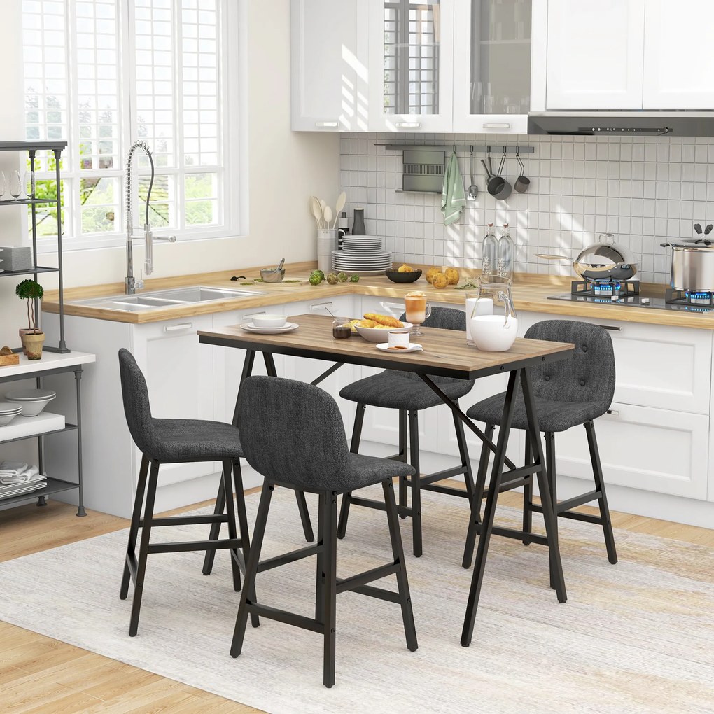 Σετ μπαρ HOMCOM 5 τεμαχίων, τραπέζι και 4 καρέκλες, με κουμπιά, παχύ μαξιλάρι, όψη λινό, Σκούρο γκρι