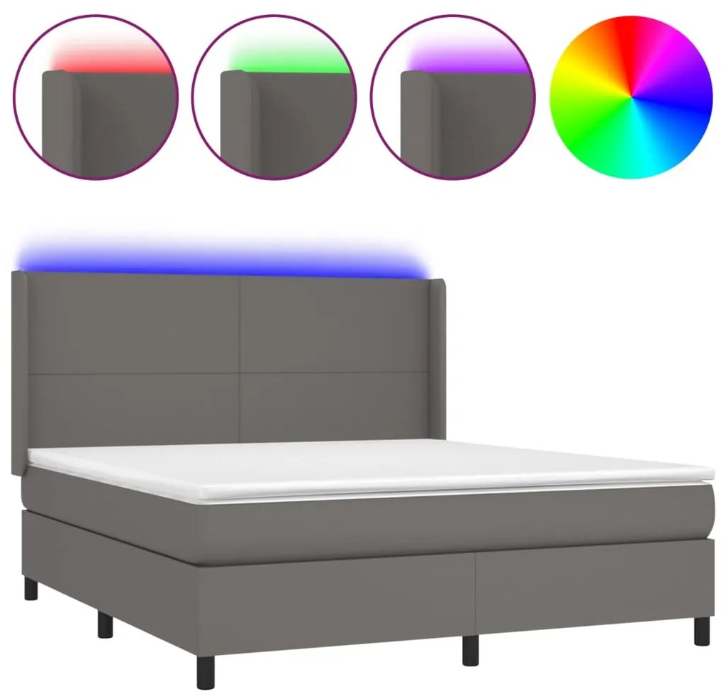 vidaXL Κρεβάτι Boxspring με Στρώμα &amp; LED Γκρι 180x200 εκ. Συνθ. Δέρμα