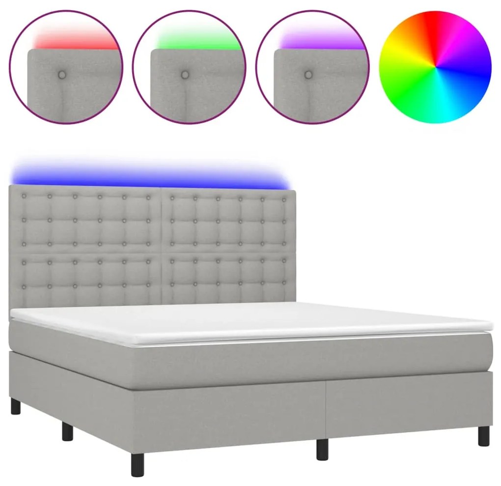 vidaXL Κρεβάτι Boxspring με Στρώμα & LED Αν.Γκρι 180x200εκ. Υφασμάτινο