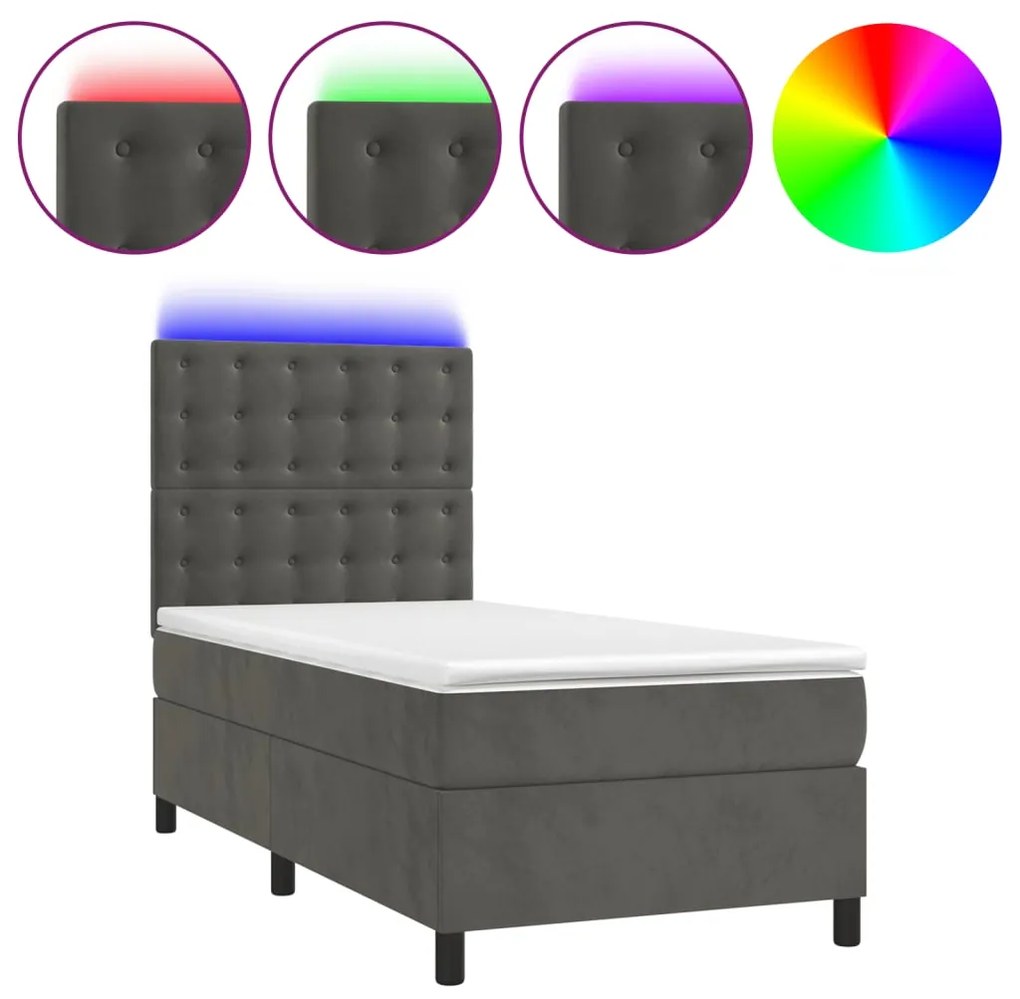 vidaXL Κρεβάτι Boxspring με Στρώμα & LED Σκ. Γκρι 90x190 εκ. Βελούδινο