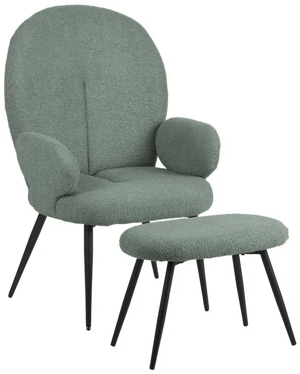 Πολυθρόνα Qarar με υποπόδιο μπουκλέ ύφασμα σε μέντα απόχρωση με μαύρα μεταλλικά πόδια 67.5x67.5x106εκ 67.5x67.5x106 εκ.