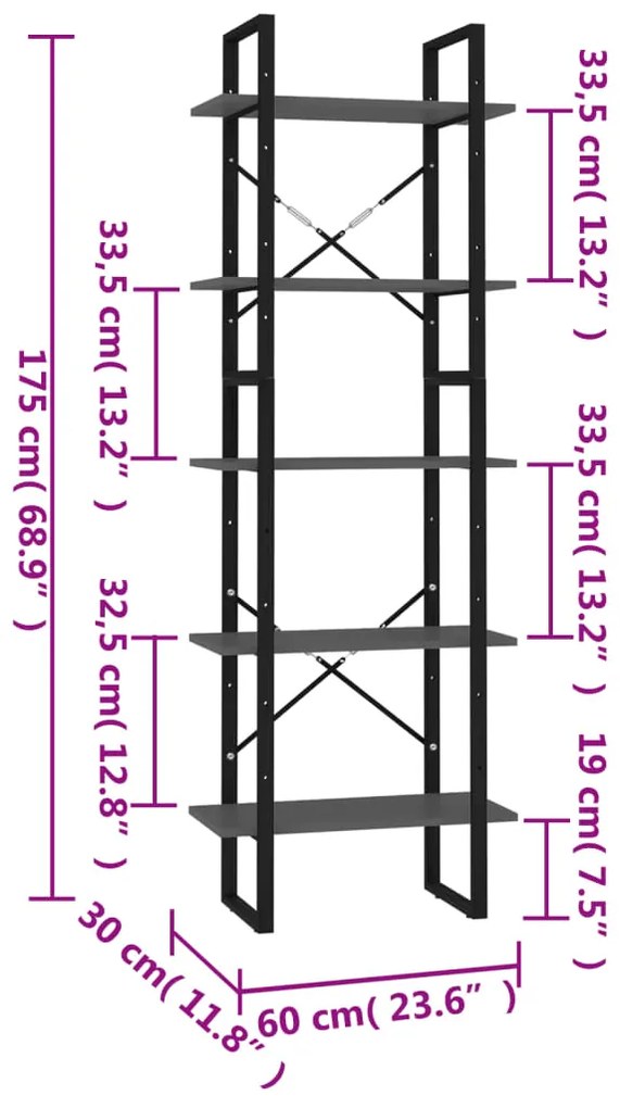 vidaXL Βιβλιοθήκη με 5 Ράφια Γκρι 60 x 30 x 175 εκ. από Επεξ. Ξύλο