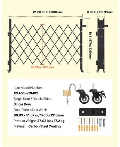 VEVOR Single Folding Security Gate Lockable Scissor Gate 66.93 x 51.57 in (WxH)