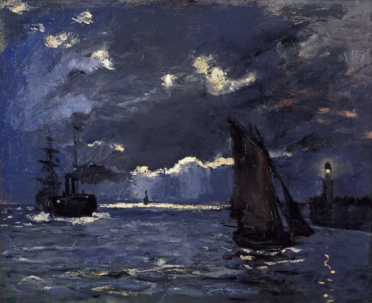 Αναπαραγωγή A Seascape, Shipping by Moonlight (1864), Claude Monet