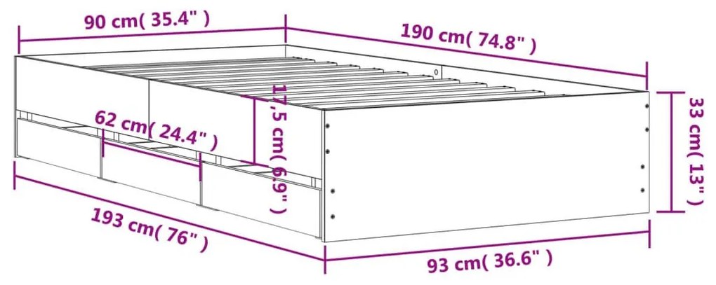 Πλαίσιο Κρεβατιού με Συρτάρια Μαύρο 90x190 εκ. Επεξ. Ξύλο - Μαύρο