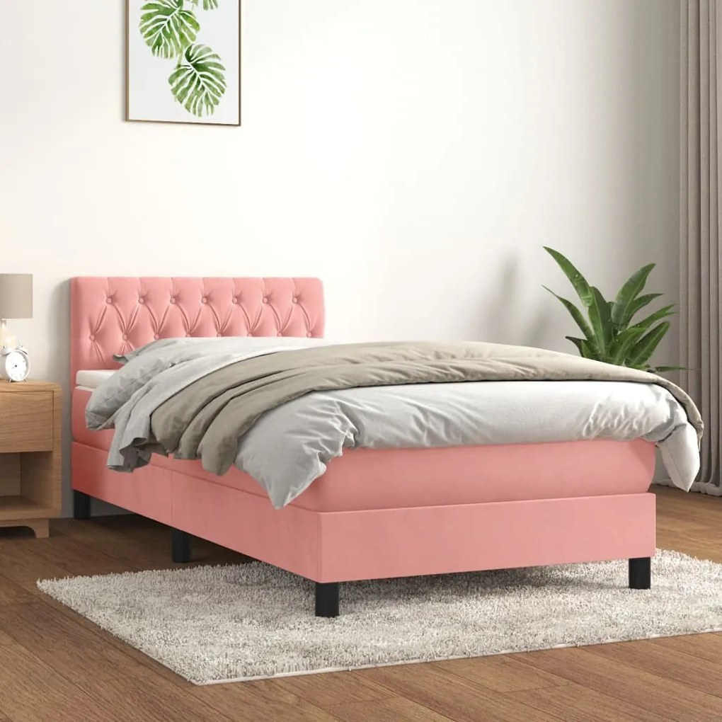 vidaXL Κρεβάτι Boxspring με Στρώμα Ροζ 90x200 εκ. Βελούδινο