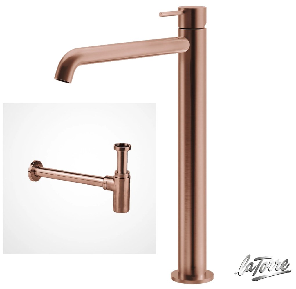 La Torre ELLE 316 Rose Gold Brushed PVD ΣΕΤ Σιφών με αποσπώμενο πώμα καθαρισμού+Μπαταρία Νιπτήρος υψηλή