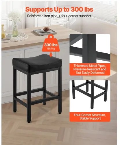 VEVOR Bar Stool Set of 2, PU Leather Counter Height Stools, 62cm Barstool with Saddle-Seat and Metal Legs, Easy Assembly Backless Bar Chair, Island Barstools for Kitchen, Dining Room, Cafe, Black