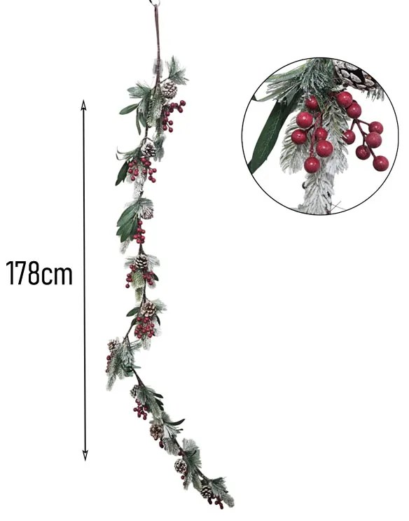 Χριστουγεννιάτικη Γιρλάντα με Κουκουνάρια και Κόκκινες Μπάλες 178cm - Christmas Garland with Pinecones and Red Berries