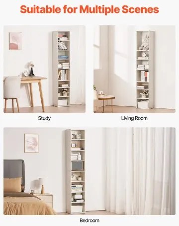 VEVOR 8 Tiers Narrow Bookshelf 71&quot; Wooden Open Bookcase Adjustable Shelf White
