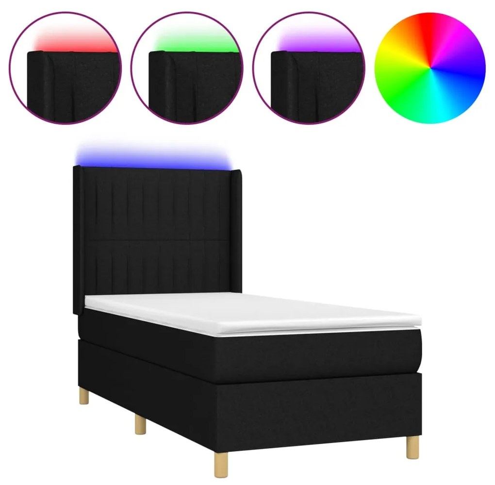 vidaXL Κρεβάτι Boxspring με Στρώμα &amp; LED Μαύρο 100x200 εκ. Υφασμάτινο