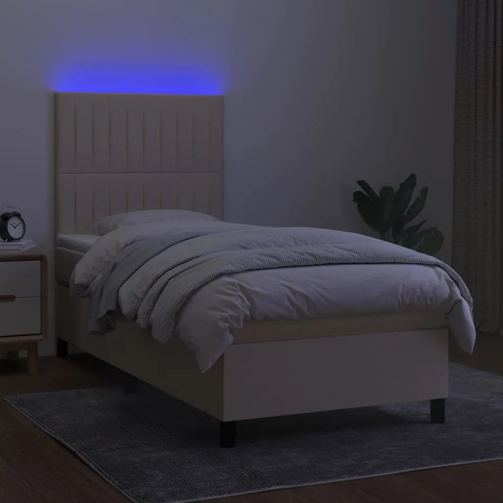 ΚΡΕΒΑΤΙ BOXSPRING ΜΕ ΣΤΡΩΜΑ &amp; LED ΚΡΕΜ 90X190 ΕΚ. ΥΦΑΣΜΑΤΙΝΟ 3135002