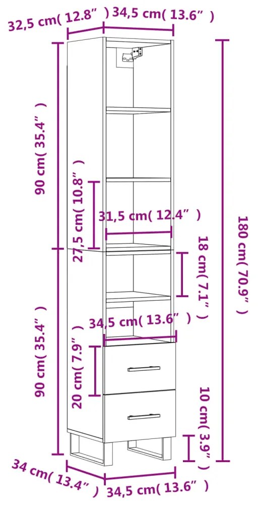 Ντουλάπι Γυαλ. Λευκό 34,5 x 34 x 180 εκ. από Επεξεργασμένο Ξύλο - Λευκό