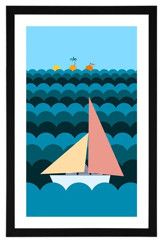 Αφίσα με παρπαστού Βαρκα στη θάλασσα - 60x90 white