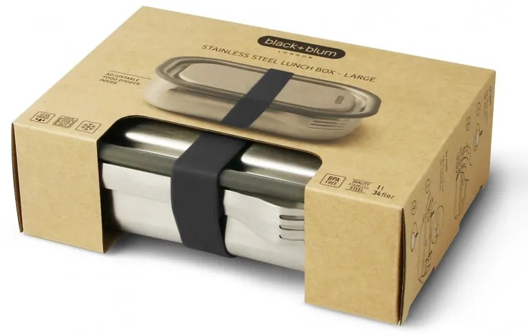 Κουτί φαγητού Black+Blum BAM-SS-L018, 1 l, ορθογώνιο, ασφαλές για φούρνο, χωρίς BPA, ανοξείδωτο ατσάλι, γκρι