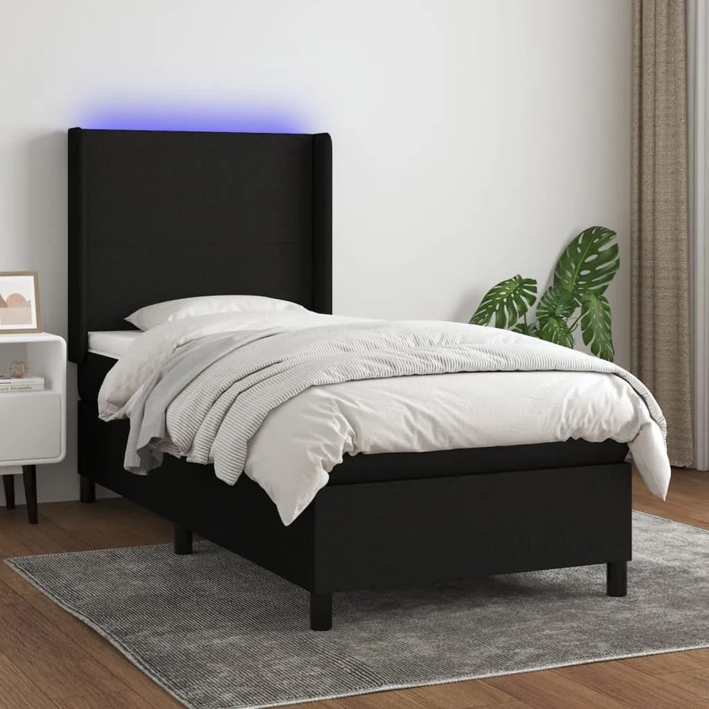 Κρεβάτι Boxspring με Στρώμα &amp; LED Μαύρο 90x200 εκ. Υφασμάτινο - Μαύρο