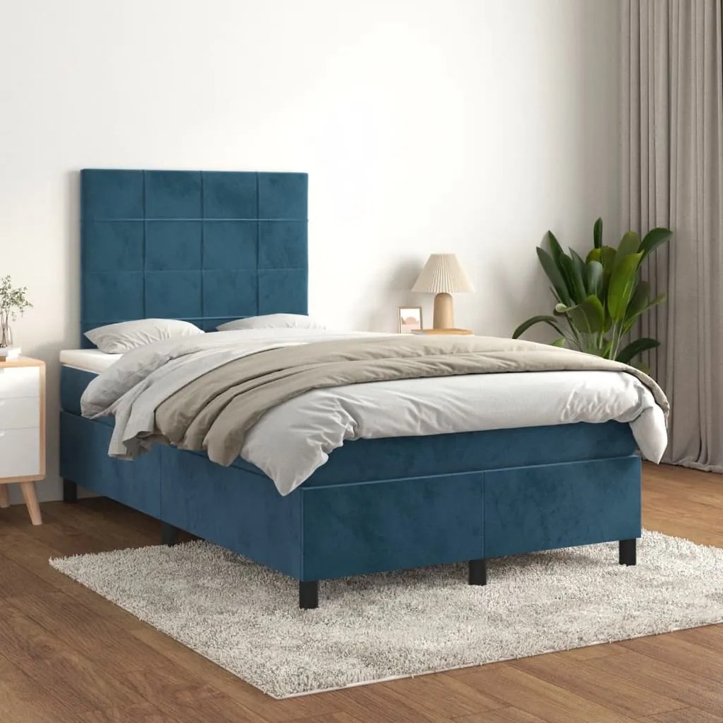 vidaXL Κρεβάτι Boxspring με Στρώμα Σκούρο Μπλε 120x190 εκ. Βελούδινο