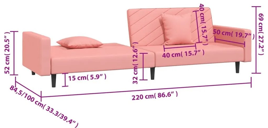 Καναπές Κρεβάτι Διθέσιος Ροζ Βελούδινος με 2 Μαξιλάρια - Ροζ