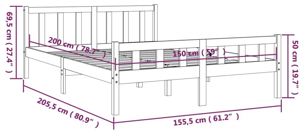 Πλαίσιο Κρεβατιού Γκρι 150 x 200 εκ. Μασίφ Ξύλο King Size - Γκρι