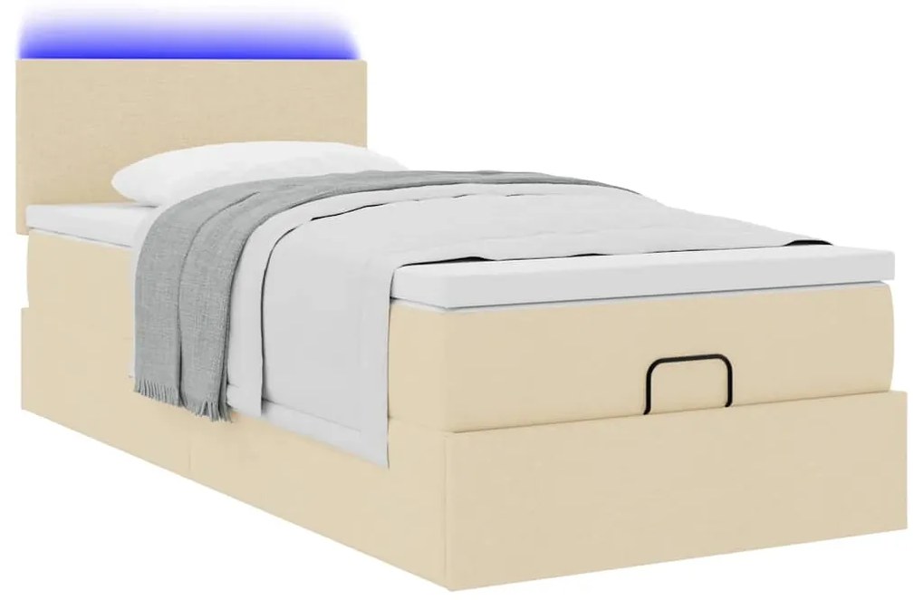 vidaXL Οθωμανικό κρεβάτι με στρώμα & LEDs Cream 90x200 cm Ύφασμα