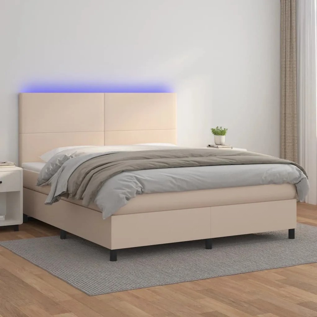 vidaXL Κρεβάτι Boxspring Στρώμα&LED Καπουτσίνο 180x200 εκ. Συνθ. Δέρμα