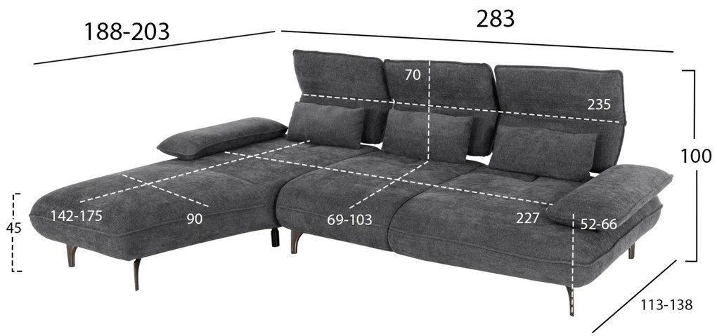 ΓΩΝΙΑΚΟΣ ΚΑΝΑΠΕΣ (ΑΡΙΣΤΕΡΗ) CONVERT HM3268.03L ΓΚΡΙ ΥΦΑΣΜΑ 283x188x100Υεκ. - 0516580 - HM3268.03L